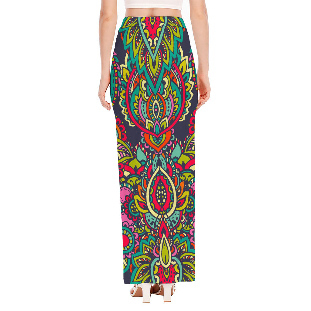 Colorful Floral Mandala Print High Slit Maxi Skirt