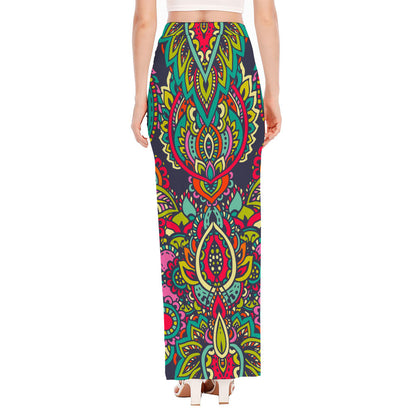 Colorful Floral Mandala Print High Slit Maxi Skirt