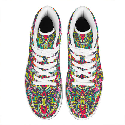 Colorful Floral Mandala Print High Top Leather Sneakers