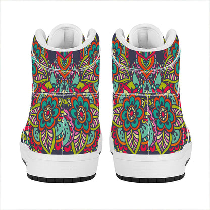 Colorful Floral Mandala Print High Top Leather Sneakers