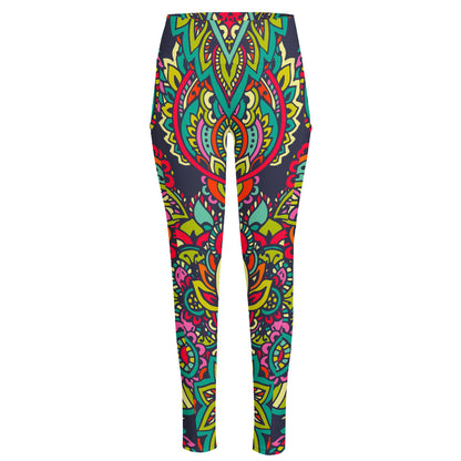 Colorful Floral Mandala Print High-Waisted Pocket Leggings