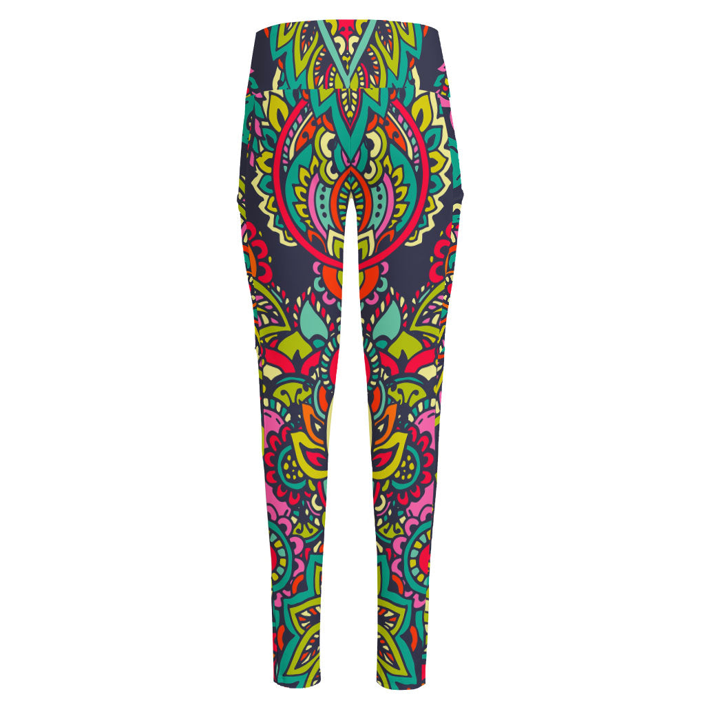 Colorful Floral Mandala Print High-Waisted Pocket Leggings