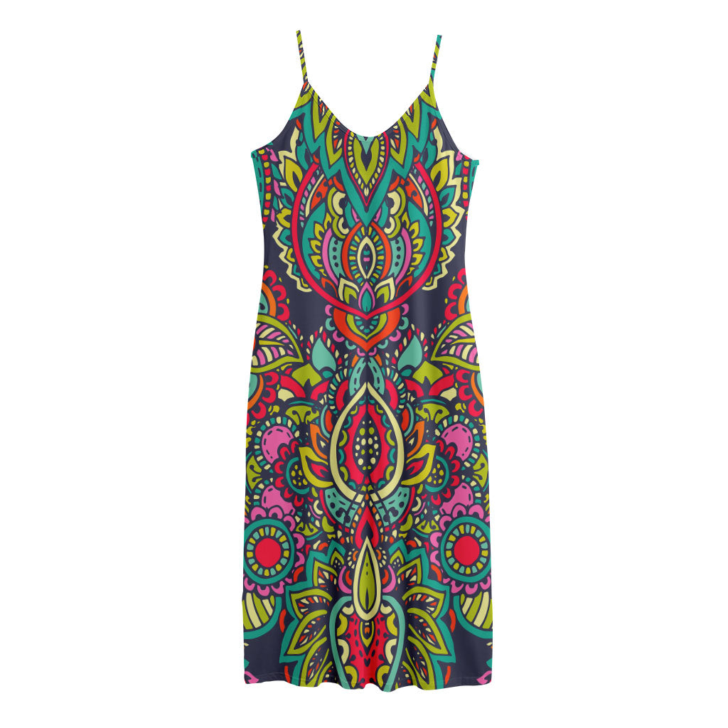 Colorful Floral Mandala Print Jersey Midi Cami Dress