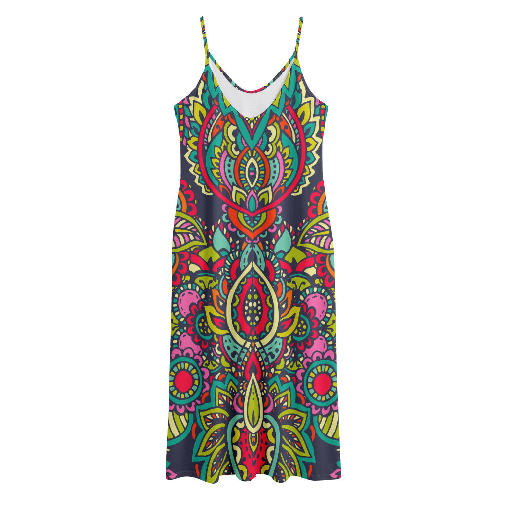 Colorful Floral Mandala Print Jersey Midi Cami Dress