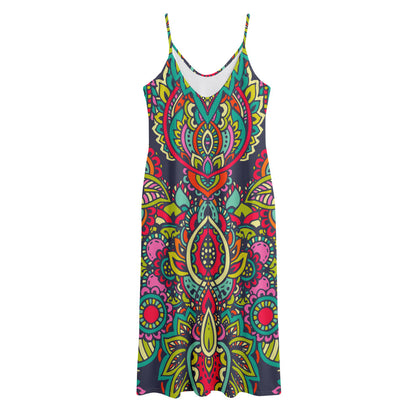 Colorful Floral Mandala Print Jersey Midi Cami Dress