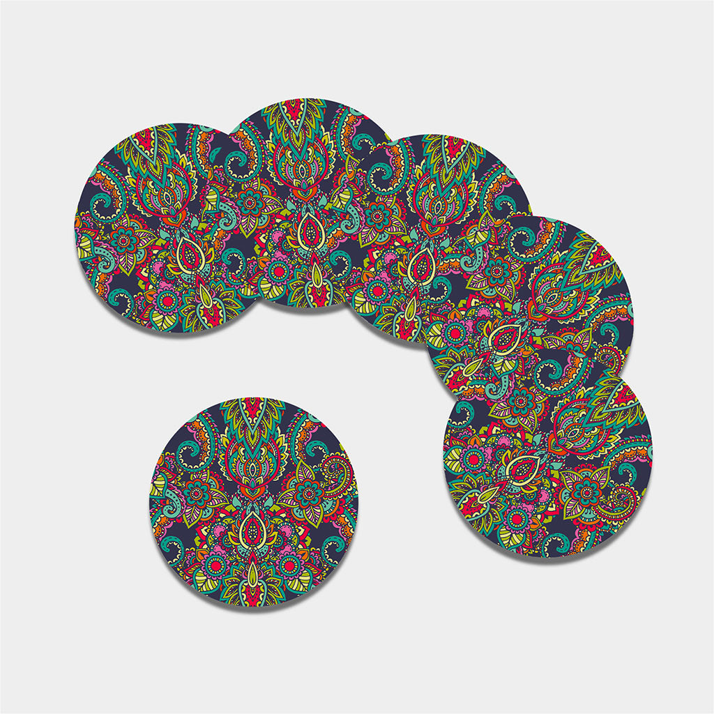 Colorful Floral Mandala Print Leather Coaster Set