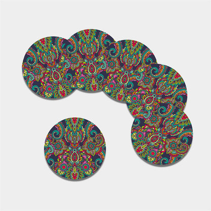 Colorful Floral Mandala Print Leather Coaster Set