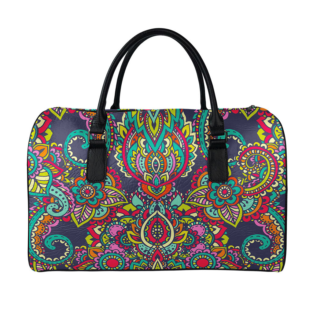 Colorful Floral Mandala Print Leather Duffle Bag