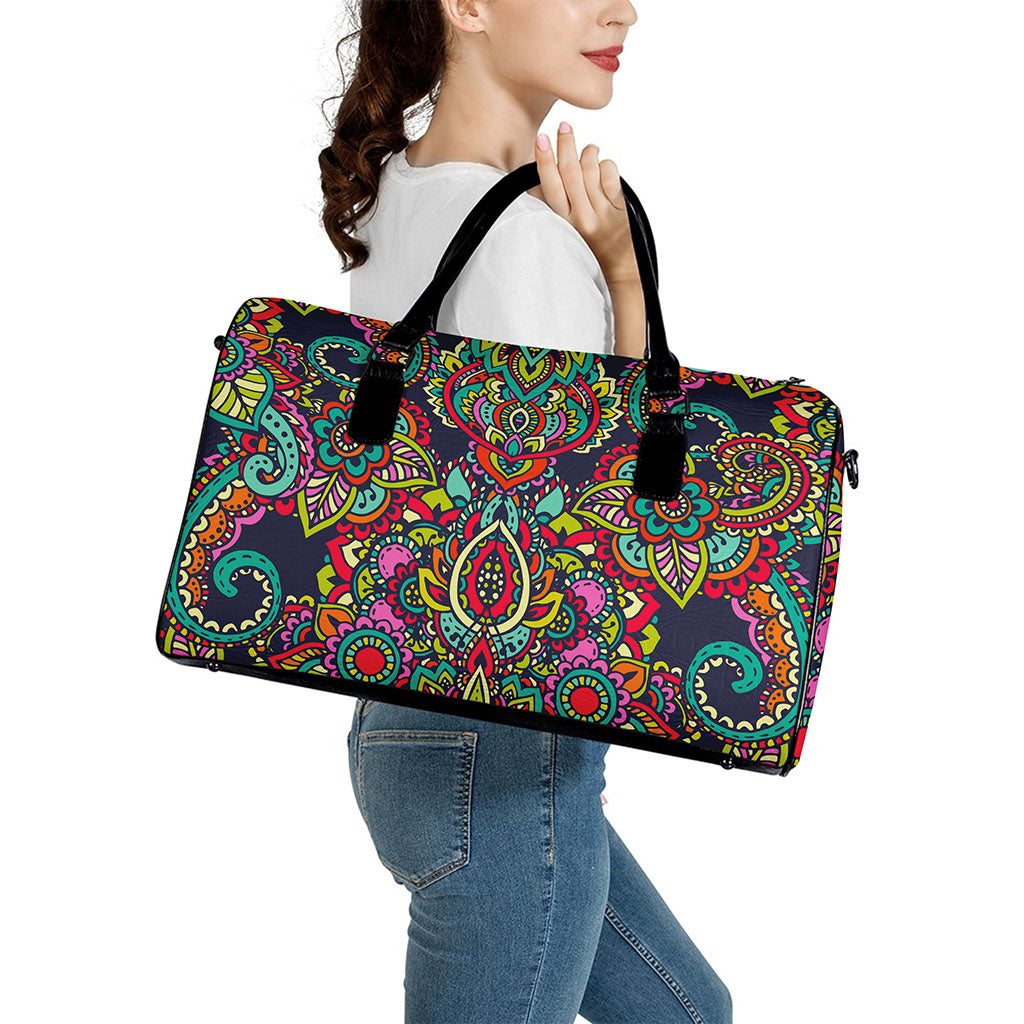 Colorful Floral Mandala Print Leather Duffle Bag
