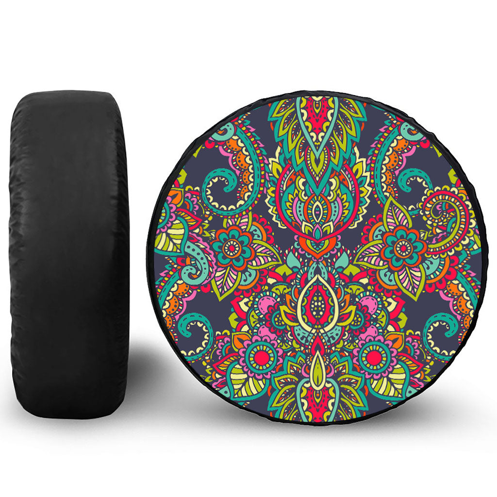Colorful Floral Mandala Print Leather Spare Tire Cover
