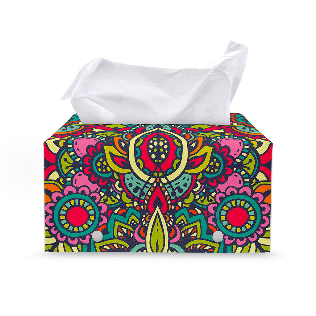 Colorful Floral Mandala Print Leather Tissue Box Cover