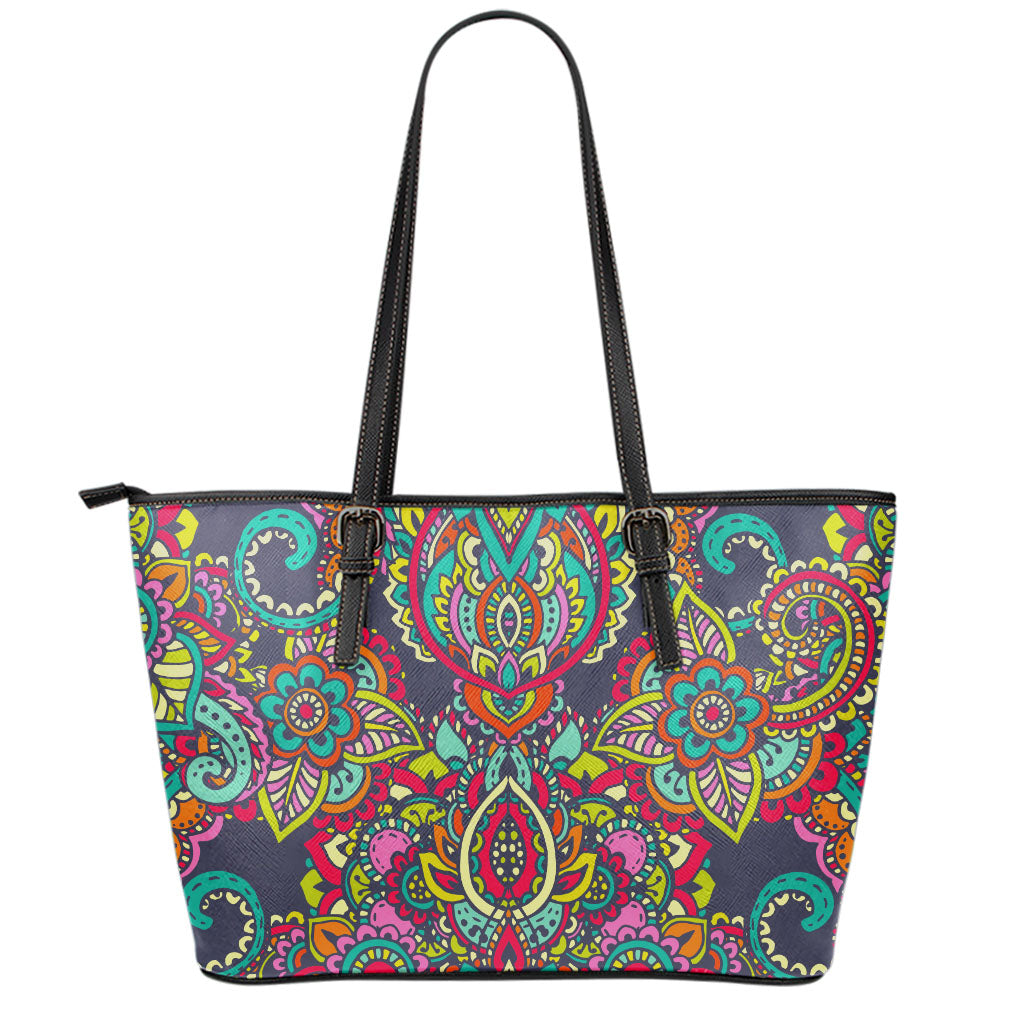 Colorful Floral Mandala Print Leather Tote Bag