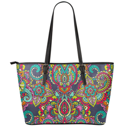 Colorful Floral Mandala Print Leather Tote Bag