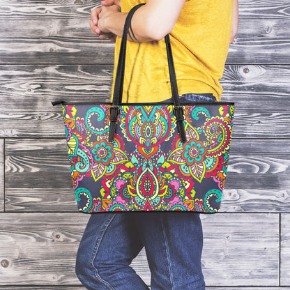 Colorful Floral Mandala Print Leather Tote Bag