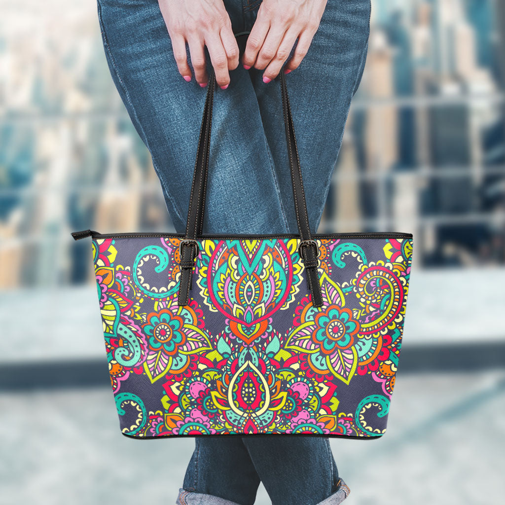 Colorful Floral Mandala Print Leather Tote Bag