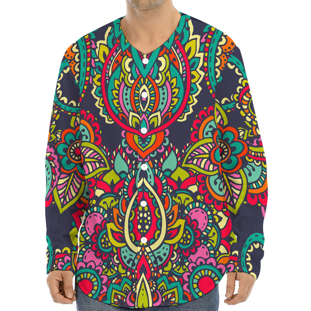 Colorful Floral Mandala Print Long Sleeve Baseball Jersey