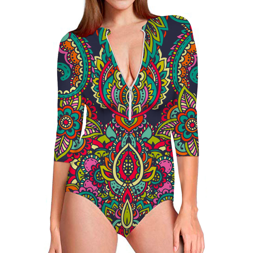 Colorful Floral Mandala Print Long Sleeve Swimsuit