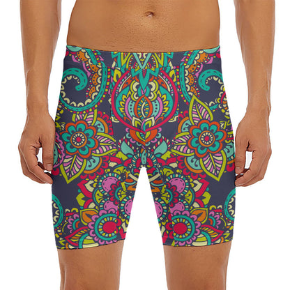 Colorful Floral Mandala Print Men's Long Boxer Briefs