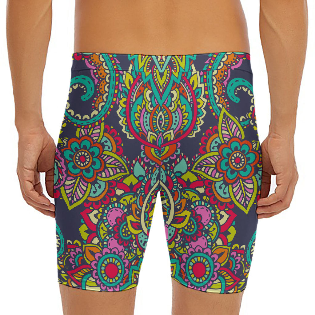 Colorful Floral Mandala Print Men's Long Boxer Briefs