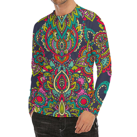 Colorful Floral Mandala Print Men's Long Sleeve Rash Guard