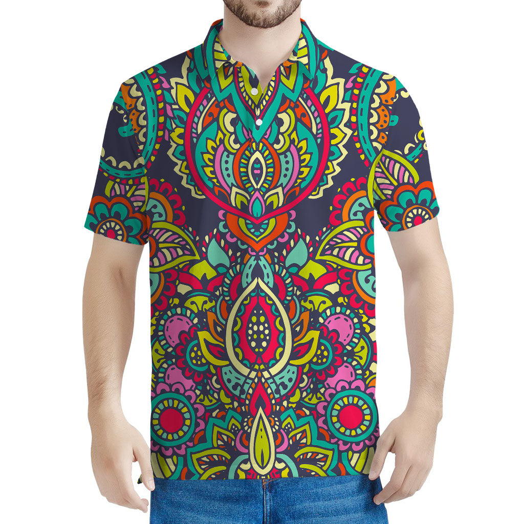 Colorful Floral Mandala Print Men's Polo Shirt