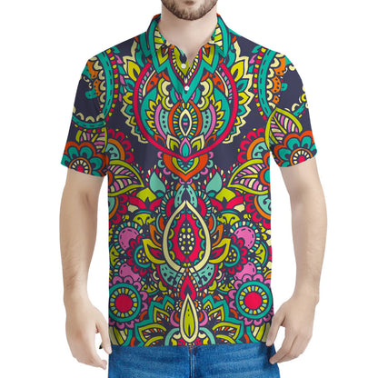 Colorful Floral Mandala Print Men's Polo Shirt