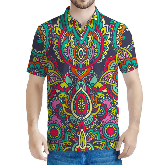 Colorful Floral Mandala Print Men's Polo Shirt