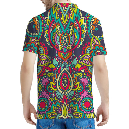 Colorful Floral Mandala Print Men's Polo Shirt