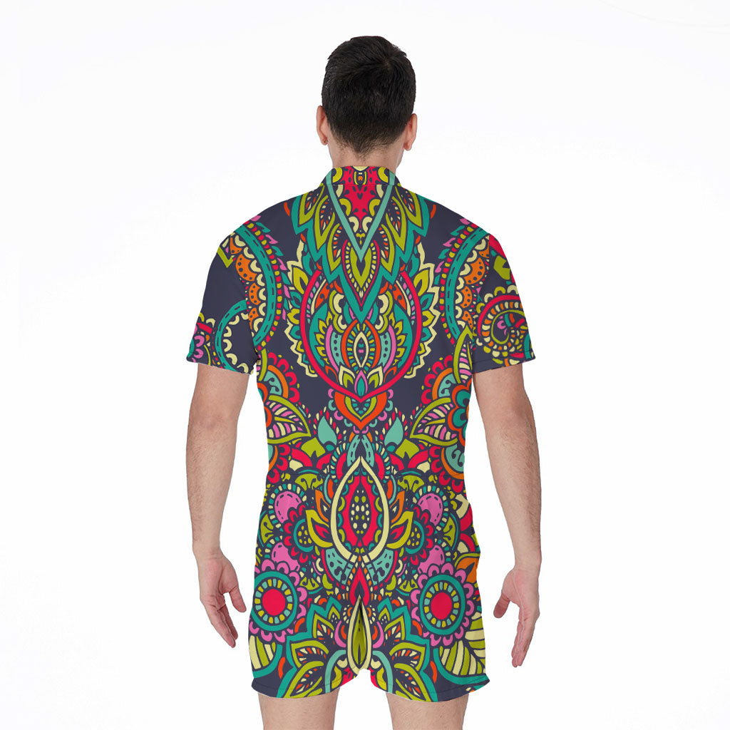 Colorful Floral Mandala Print Men's Rompers