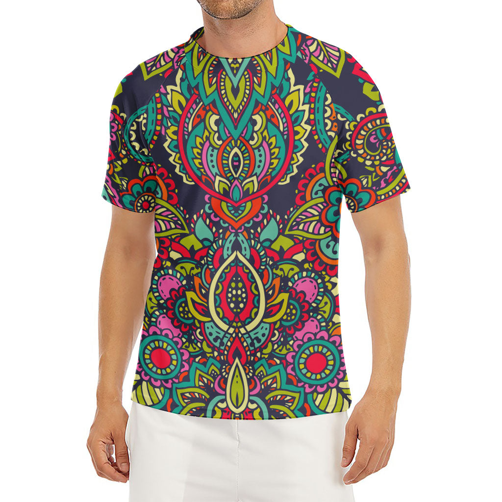 Colorful Floral Mandala Print Men's Short Sleeve Rash Guard