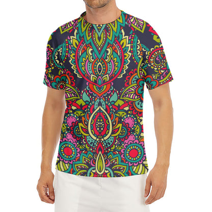 Colorful Floral Mandala Print Men's Short Sleeve Rash Guard