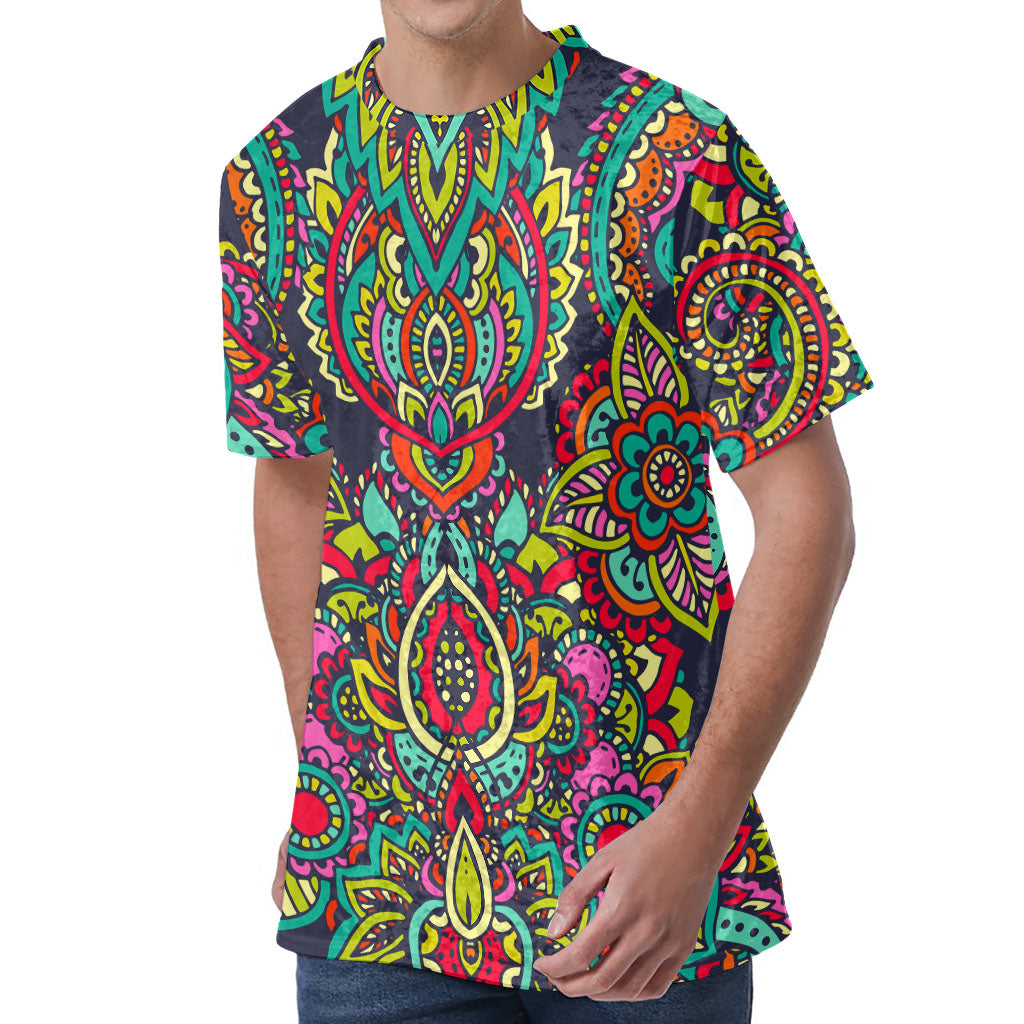 Colorful Floral Mandala Print Men's Velvet T-Shirt