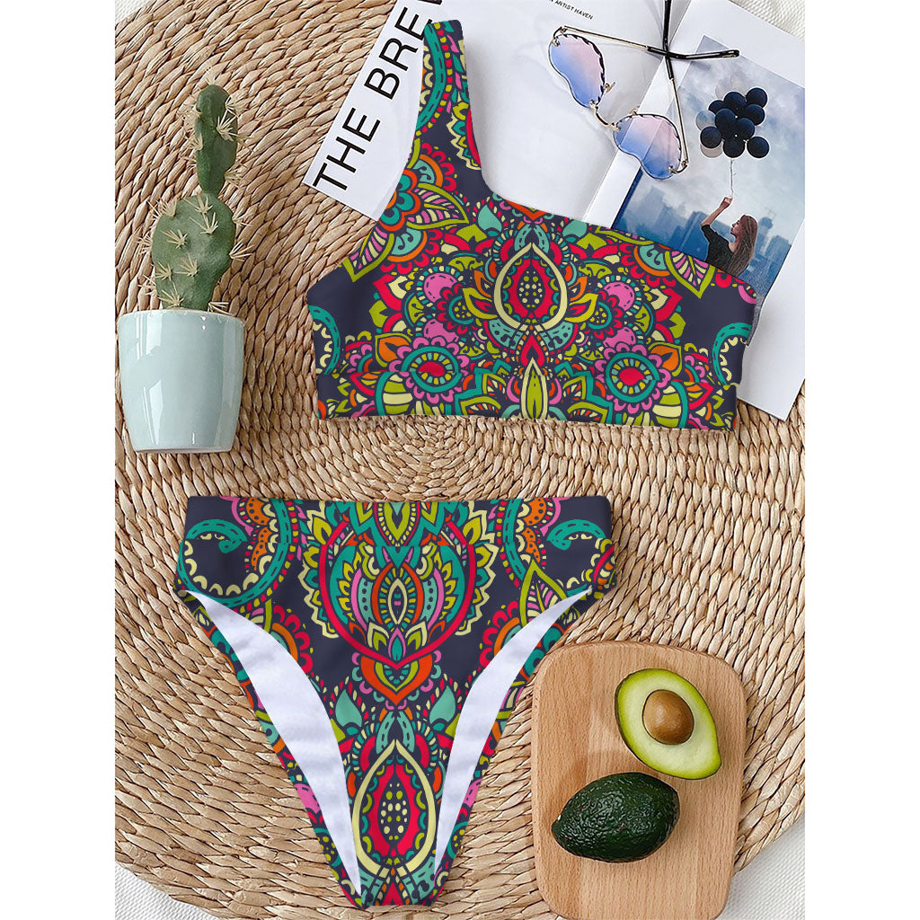 Colorful Floral Mandala Print One Shoulder Bikini Top