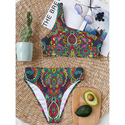 Colorful Floral Mandala Print One Shoulder Bikini Top