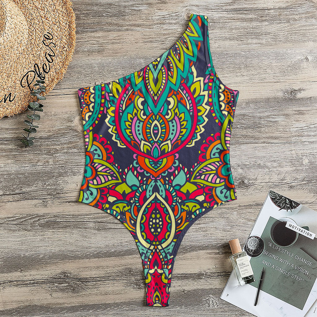 Colorful Floral Mandala Print One Shoulder Bodysuit