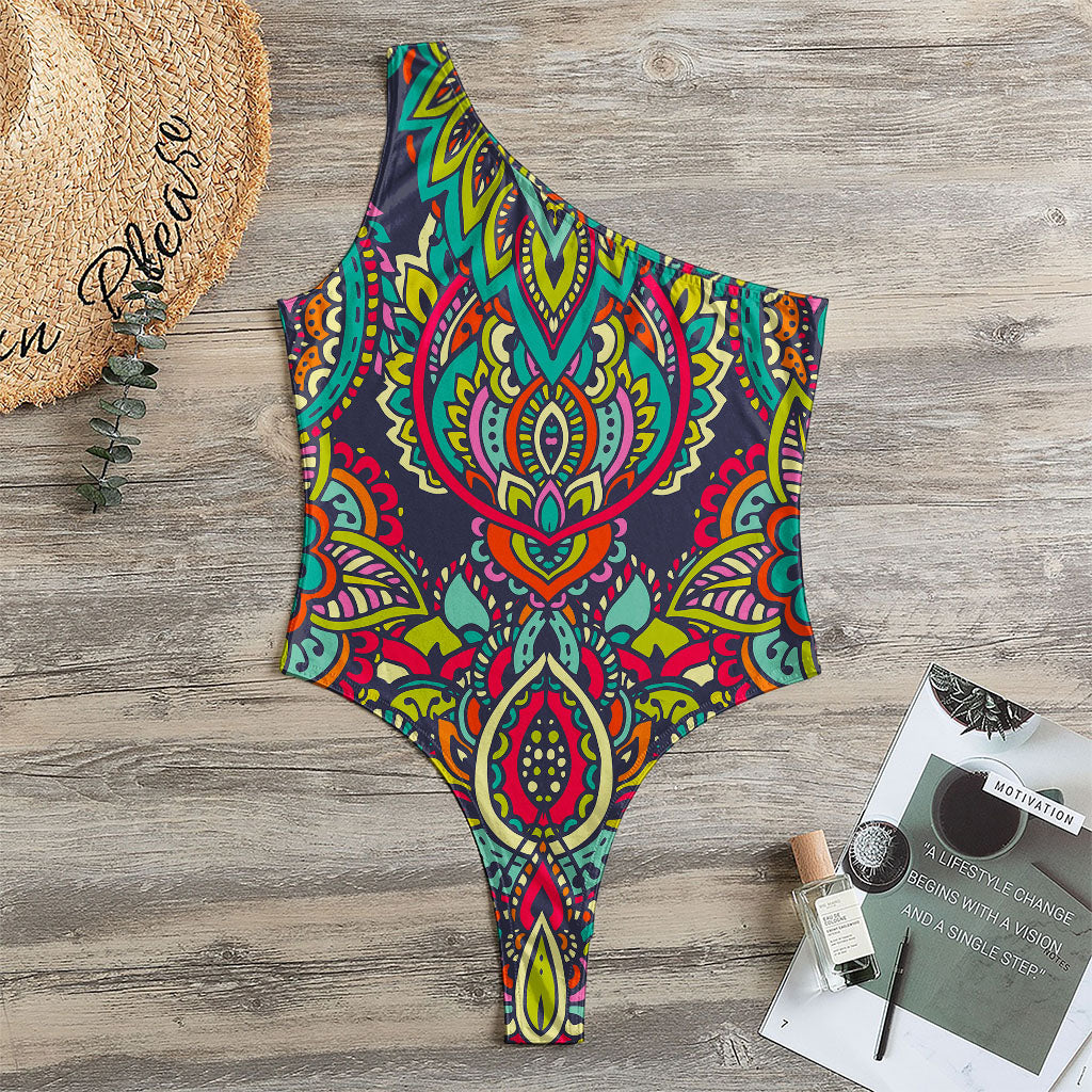Colorful Floral Mandala Print One Shoulder Bodysuit