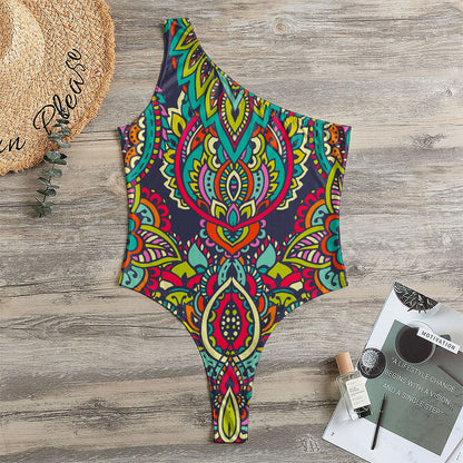 Colorful Floral Mandala Print One Shoulder Bodysuit
