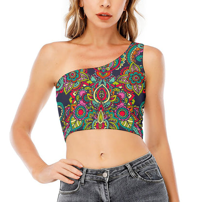 Colorful Floral Mandala Print One Shoulder Crop Top