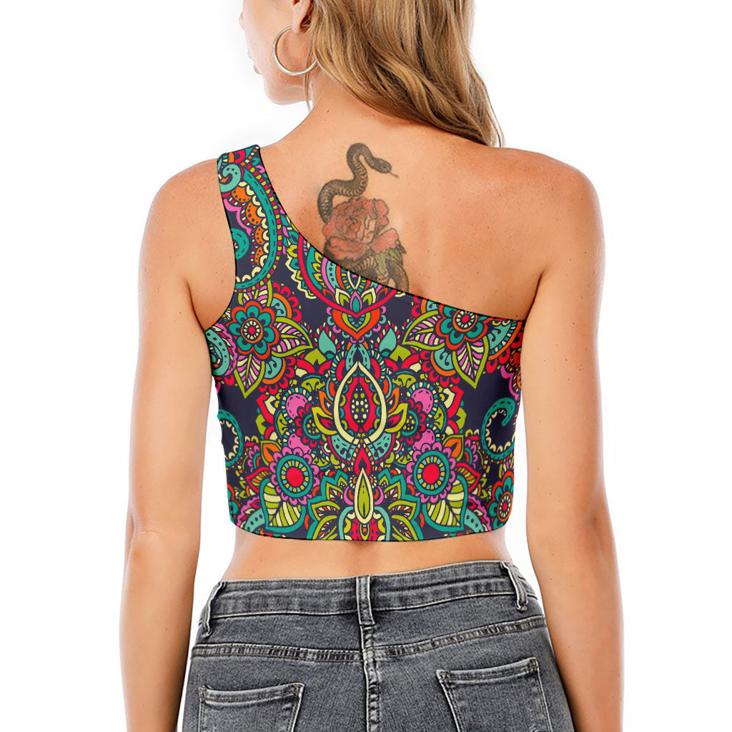 Colorful Floral Mandala Print One Shoulder Crop Top