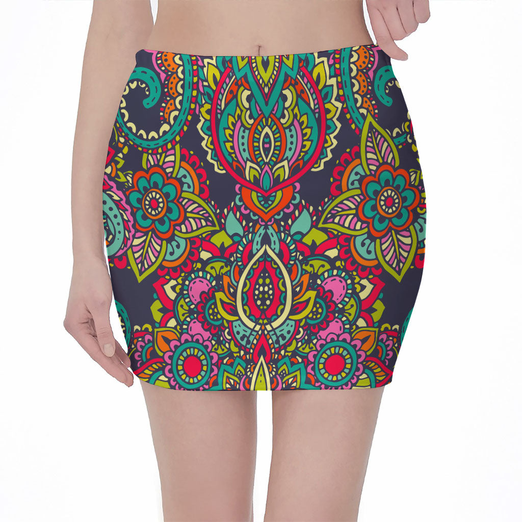 Colorful Floral Mandala Print Pencil Mini Skirt
