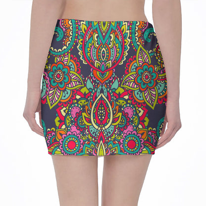 Colorful Floral Mandala Print Pencil Mini Skirt