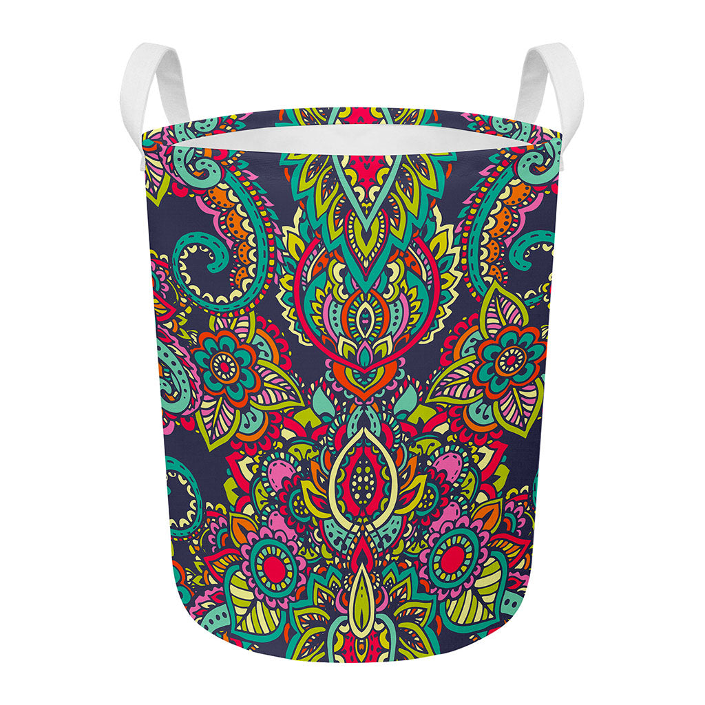 Colorful Floral Mandala Print Round Laundry Basket