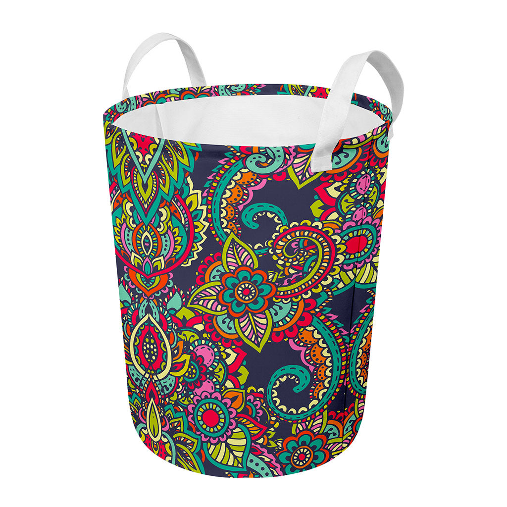Colorful Floral Mandala Print Round Laundry Basket