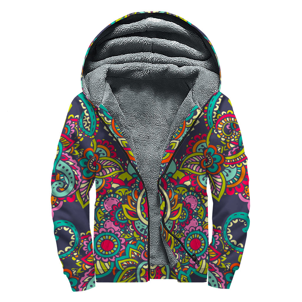 Colorful Floral Mandala Print Sherpa Lined Zip Up Hoodie