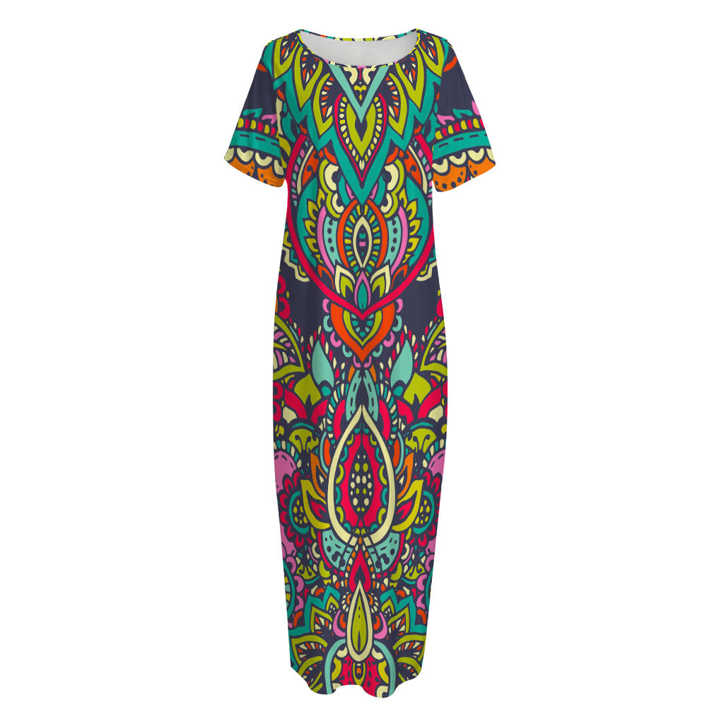Colorful Floral Mandala Print Short Sleeve Long Nightdress