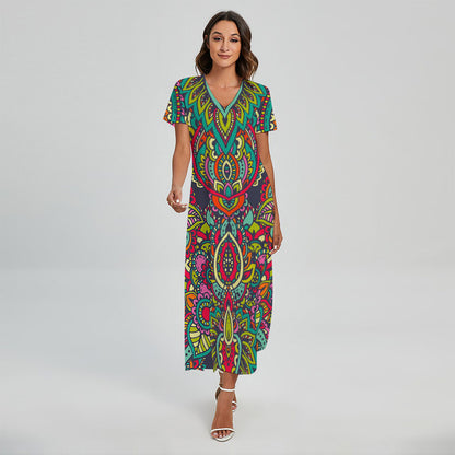 Colorful Floral Mandala Print Short Sleeve Maxi Dress