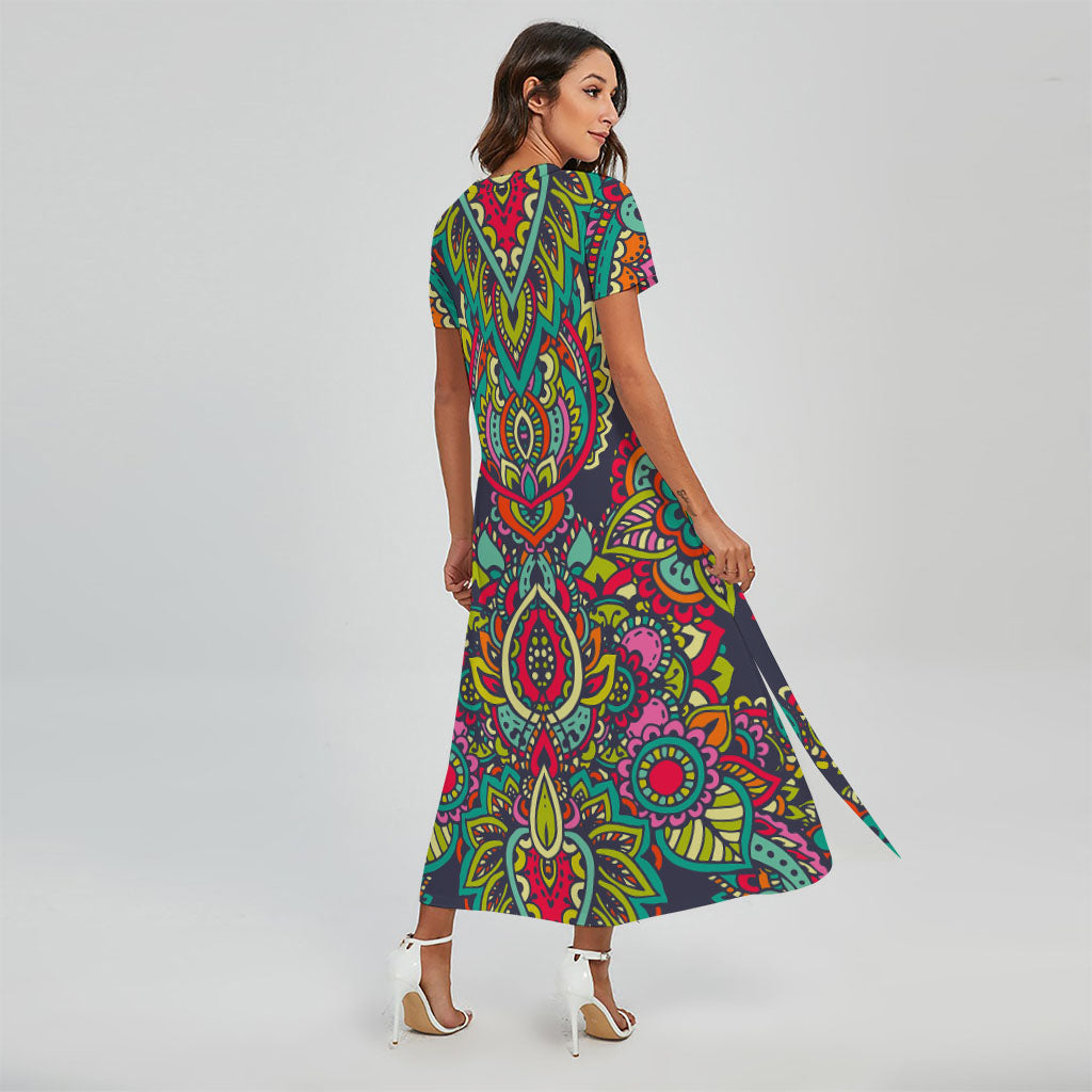 Colorful Floral Mandala Print Short Sleeve Maxi Dress