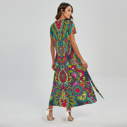Colorful Floral Mandala Print Short Sleeve Maxi Dress