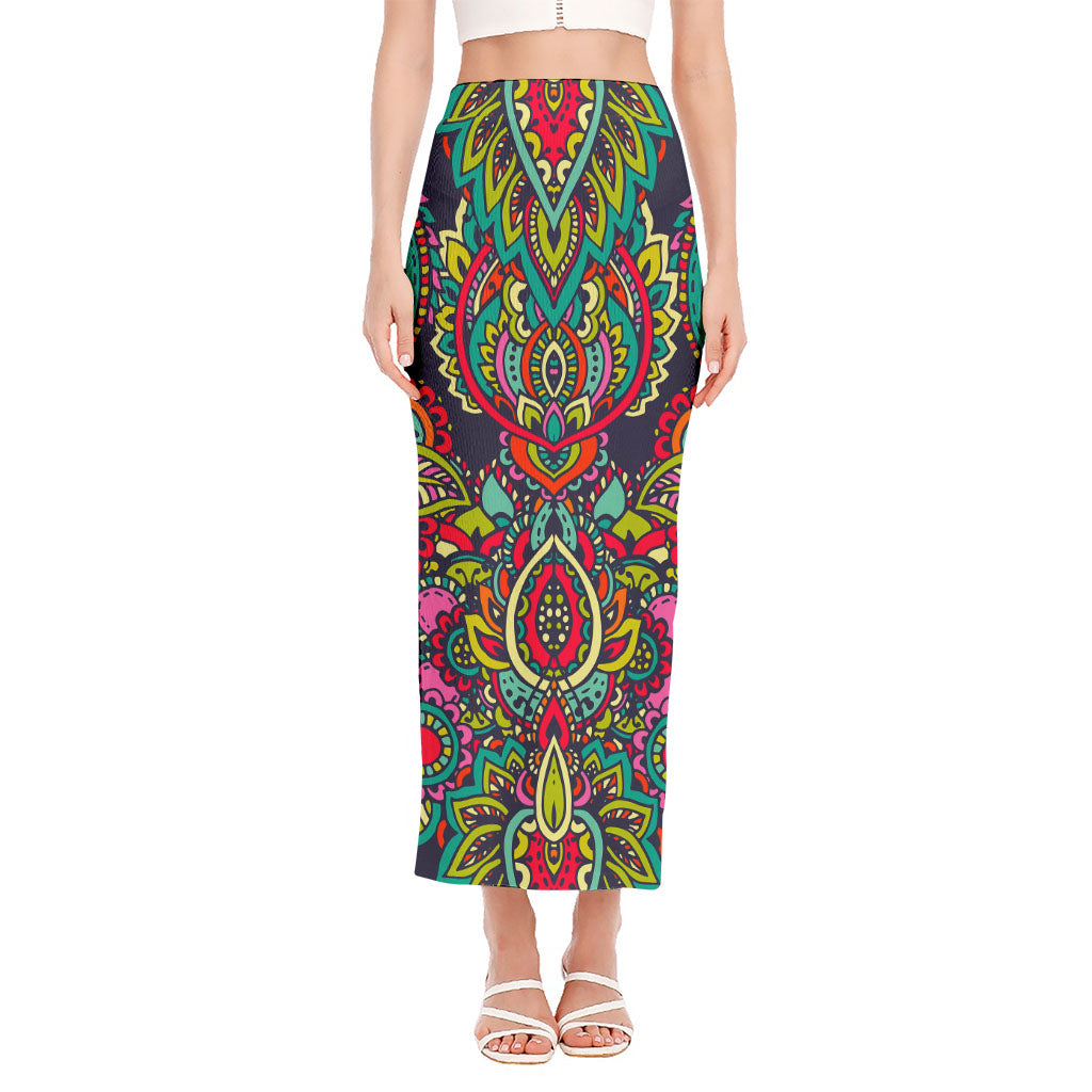 Colorful Floral Mandala Print Side Slit Maxi Skirt
