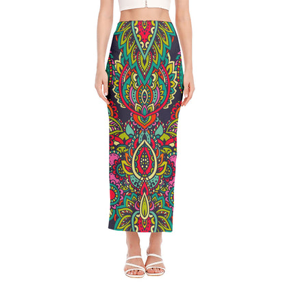 Colorful Floral Mandala Print Side Slit Maxi Skirt